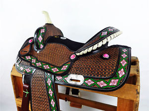 16" RAWHIDE NAVAJO TOOLED LEATHER BARREL RACING HORSE TRAIL WESTERN SHOW SADDLE