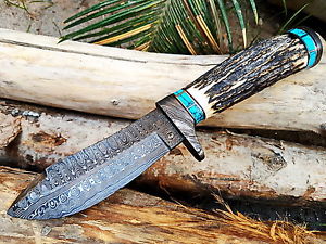 BMK-111 9.5" Long 4.5"Blade" 7oz Hunting Fixed Blade Damascus turquoise knife