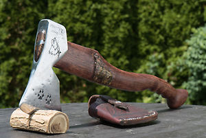 VINTAGE VIKING NORLUND STYLE HATCHET AXE TOOL ENGRAVED CARVED HANDLE SHEATH