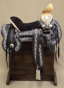 15.5" BLACK CHARRO SADDLE MEXICAN HORSE MONTURA CHARRA SILLA