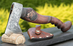 VINTAGE VIKING NORLUND STYLE HATCHET AXE TOOL ENGRAVED CARVED HANDLE SHEATH